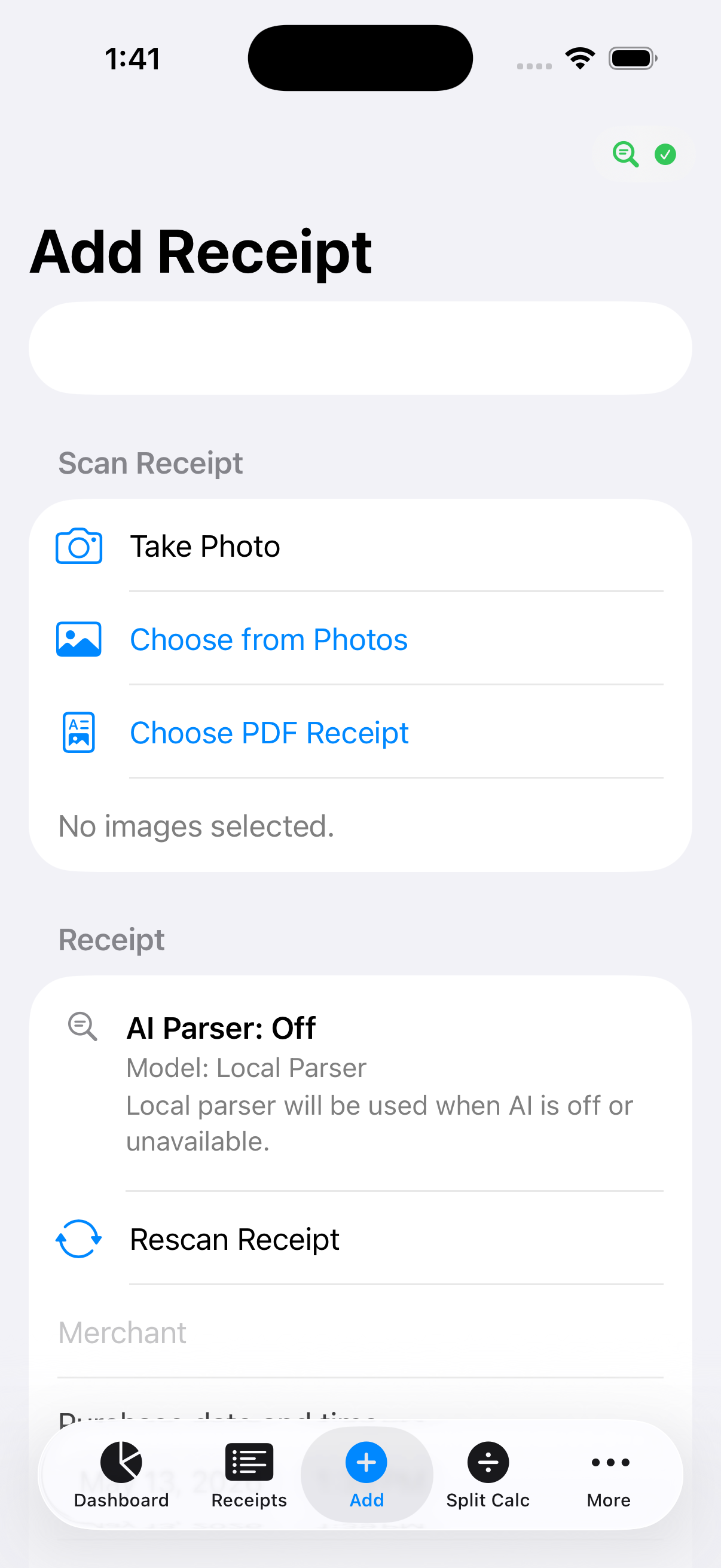 Add Receipt screen